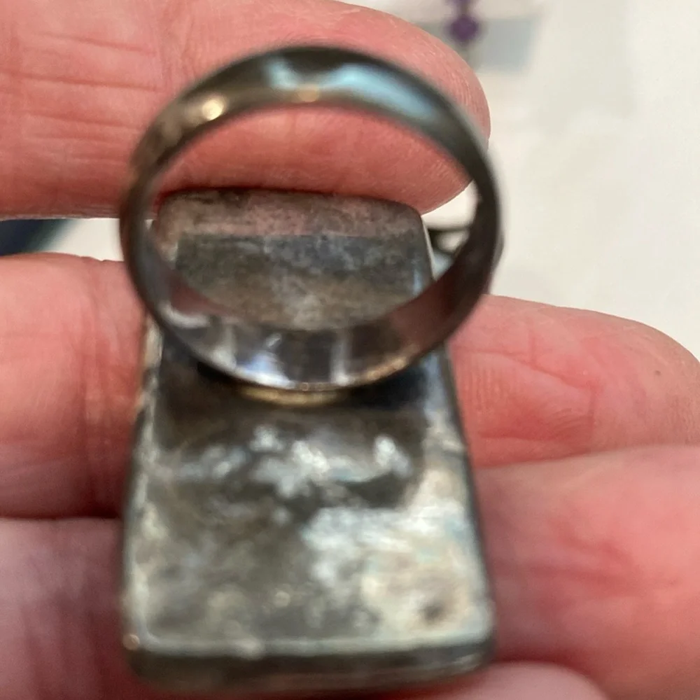 Sterling Backgammon Ring  2” Long Abalone and Sterling Ring